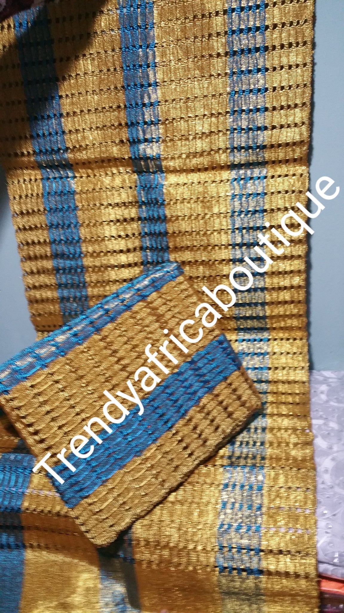 Gold/turquoise blue Nigerian Aso-oke gele. Weave in Nigeria aso-oke for making beautiful Nigeria party headtie. Choice of gele/fila or gele only