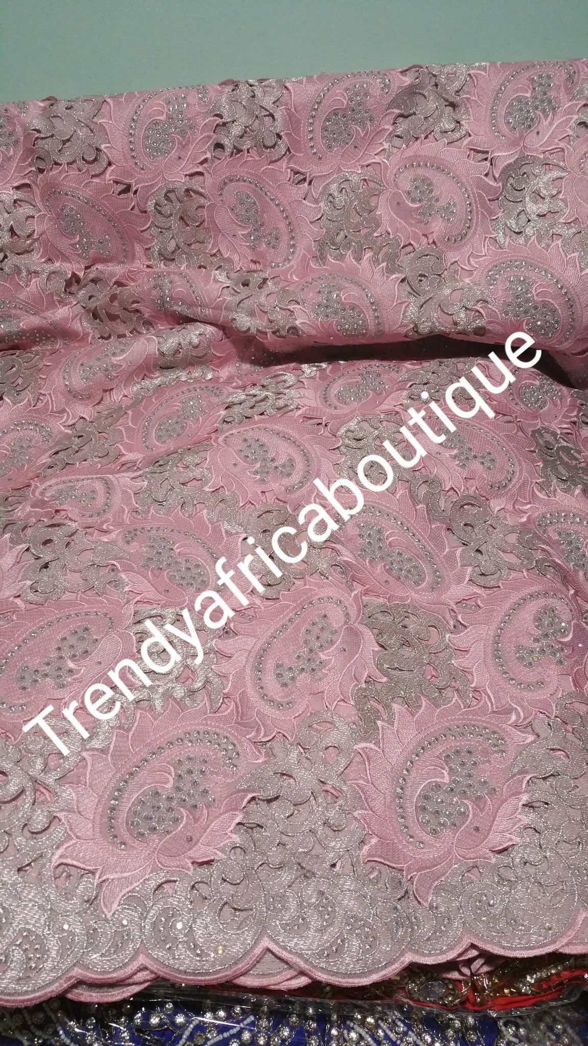 Baby pink swiss lace fabric. Handcuffs lace with crystal stones. Sold per 5yard lenght