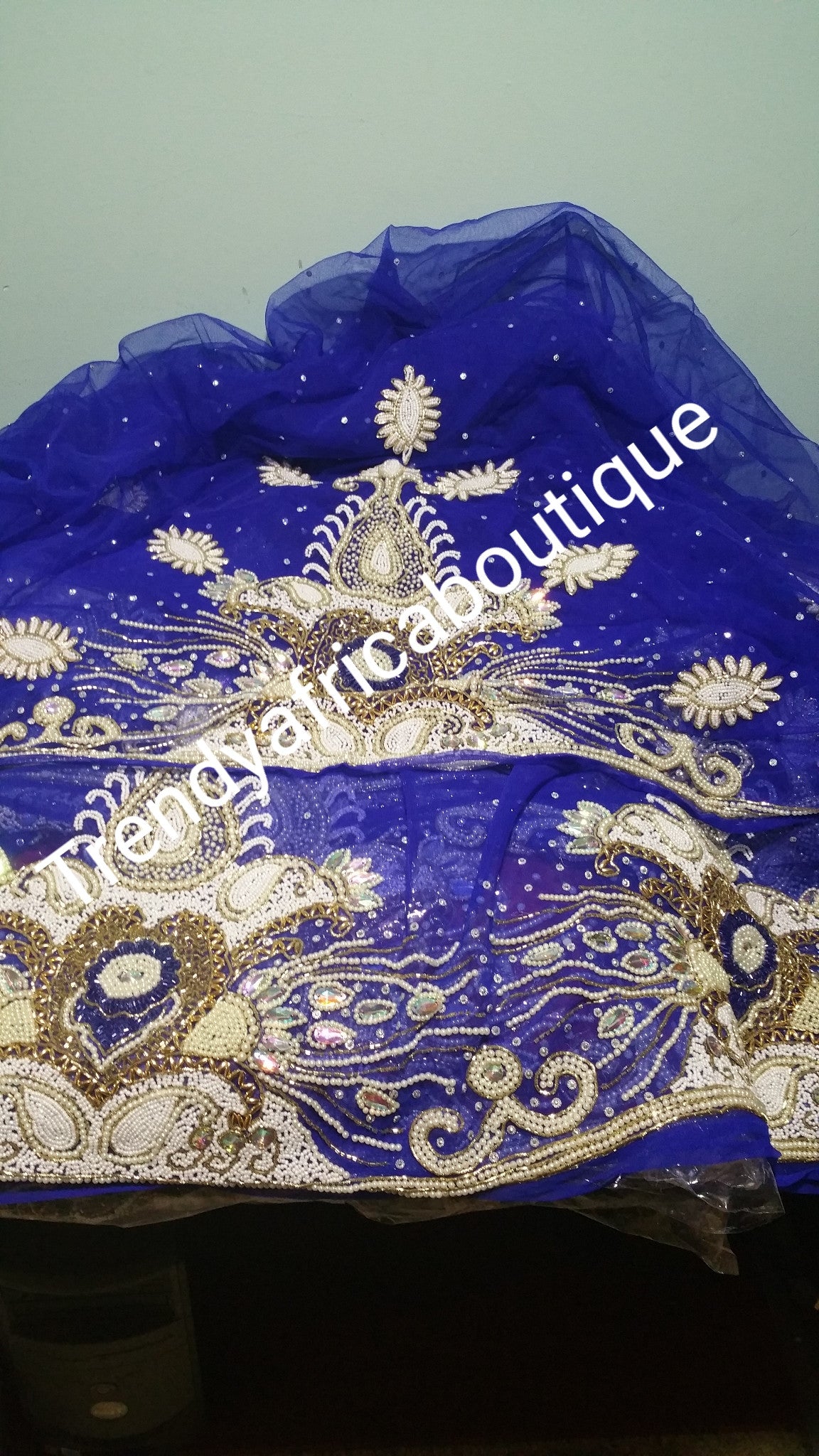 Clearance Sale: Royal blue VIP heavily Beaded and stones Net George wrapper for Nigerians/Igbo tradional wedding ceremony. Sold 6.5yds total