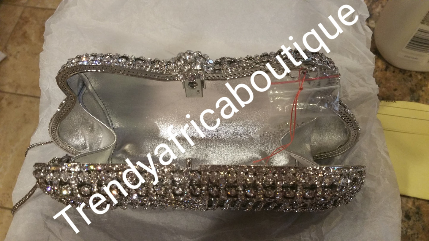 Crystal Clutch/purse sale. Red carpet evening clutch for chics/classic babe. Hand purse 7.5 long× 6" deep silver color