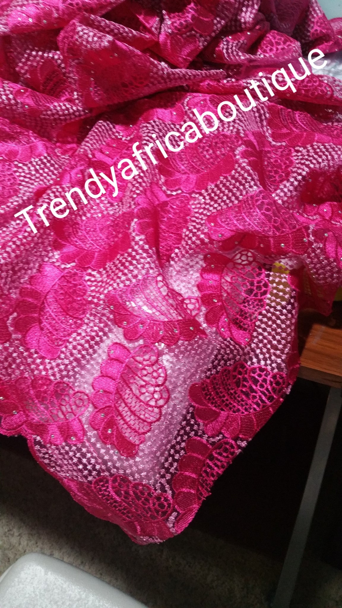 Clearance: Hot pink African french lace fabric. Original quality. Use to make Nigerian party dress. Sold per 5yards.