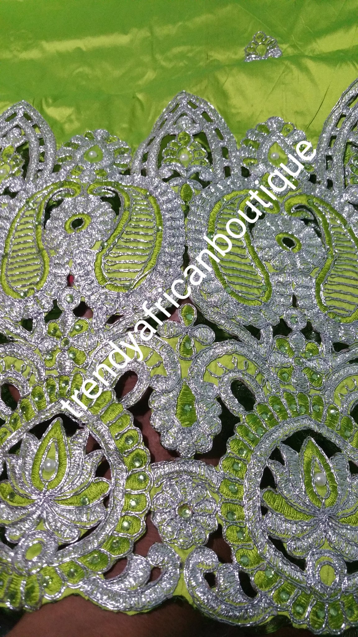 African Embroidery taffeta Silk George wrapper with matching blouse. Lemon green color. Small-George