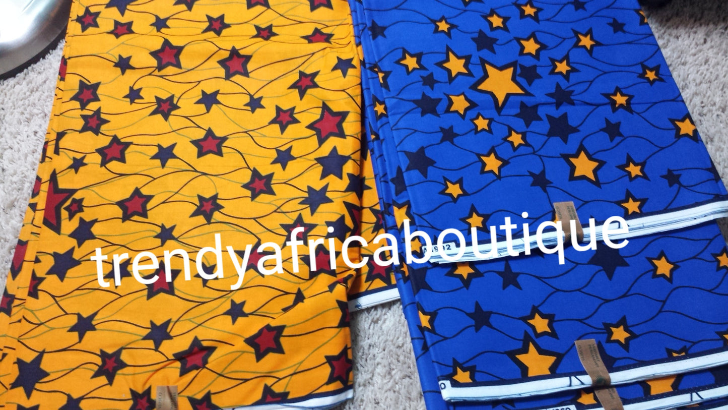 Afrikanischer Baumwollstoff mit Wachsdruck von Yellow Star Guarantee. Verkauft pro 6 Yards. Der Preis gilt für 6 Yards
