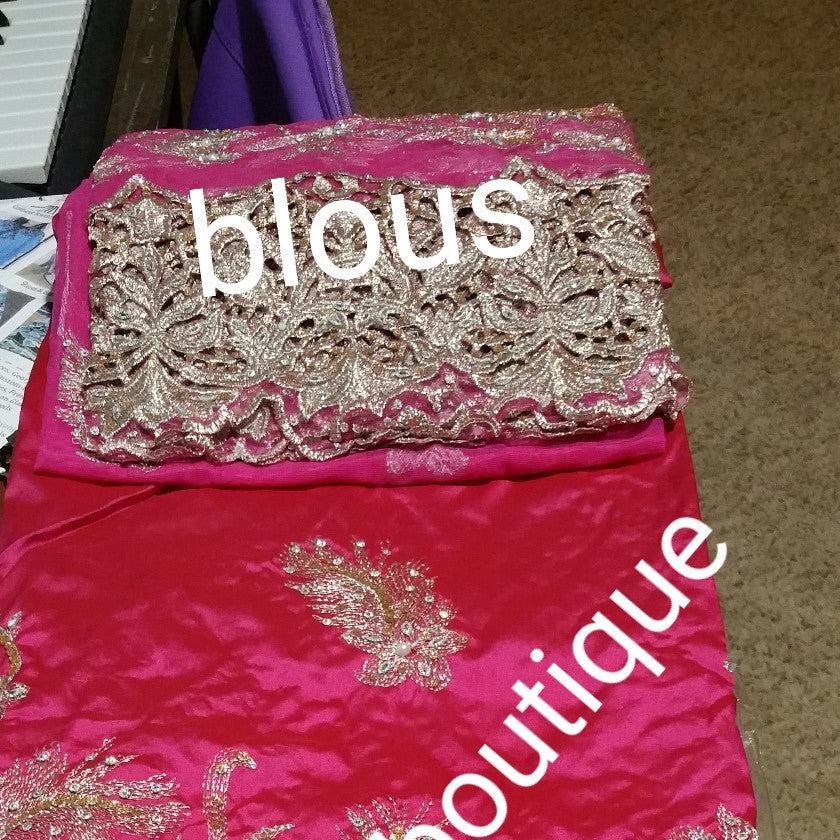 Special offer: Fuchsia pink Silk George wrapper. Embroidery/stones work combine. 5yds and 1.8yds matching blouse. Indian-George