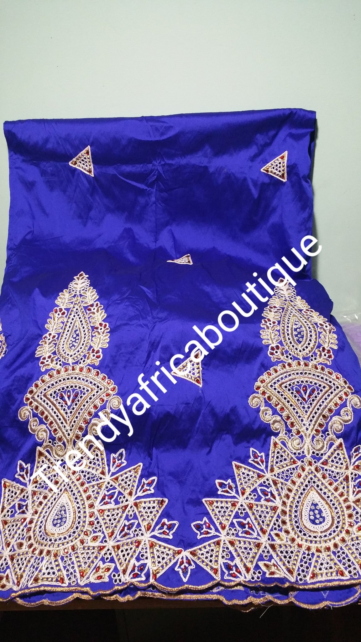 Hot sale: Embroidery/Hand stones George wrapper/blouse. 5yds royalblue & beige blouse. Indian-George design for African dresses or wrapper