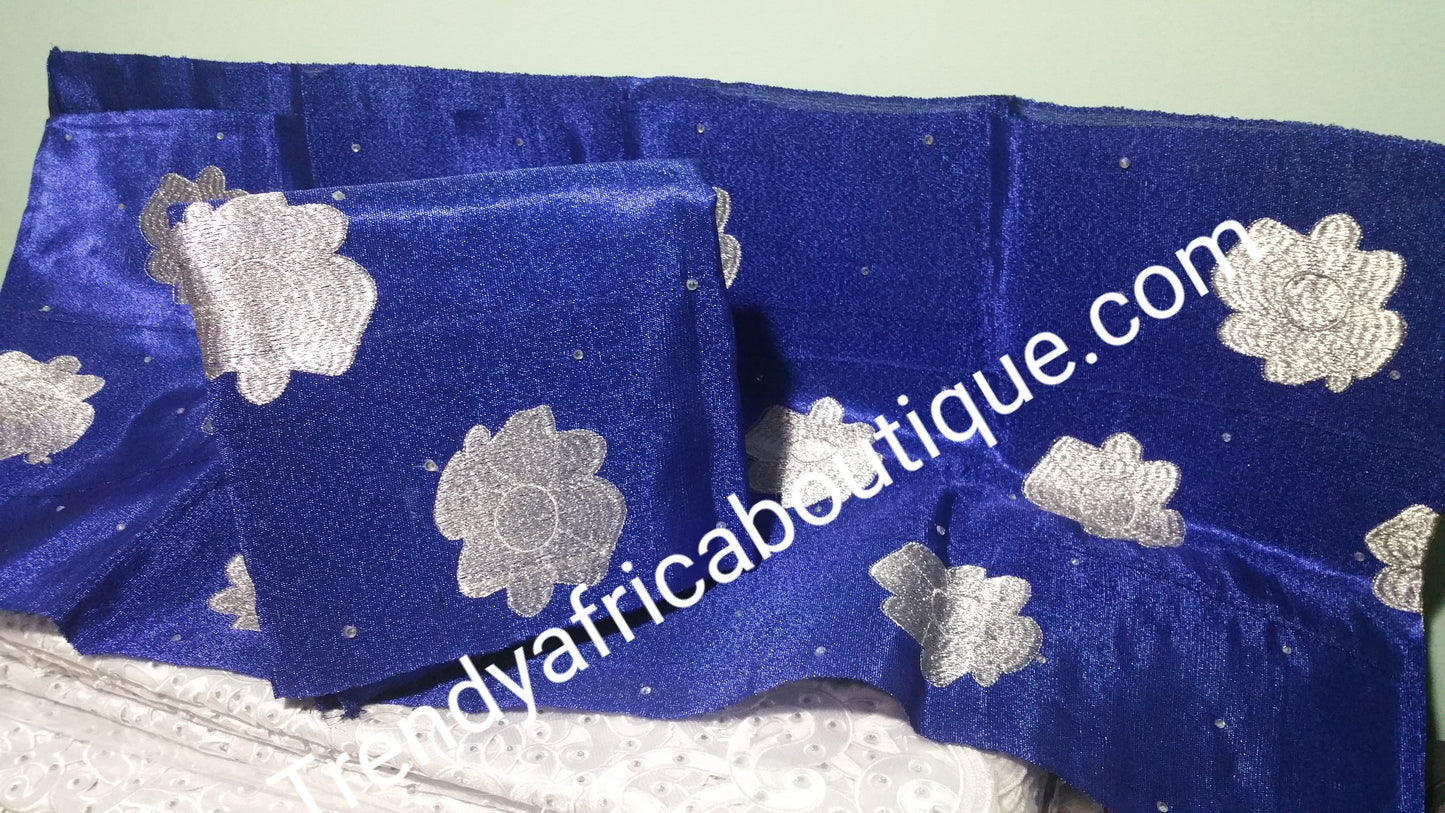 Nigerian traditional aso-oke gele/ipele "Sash" with white embroidery and stone work in royalblue/ white embroidery gele set