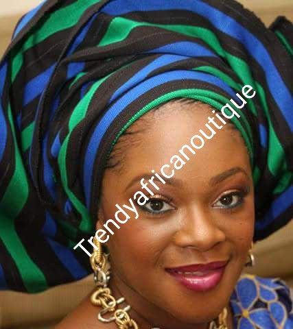 Original Nigerian Cotton Aso-oke gele. Lemon green/royal/navy blue Multi-color design. Easy to tie