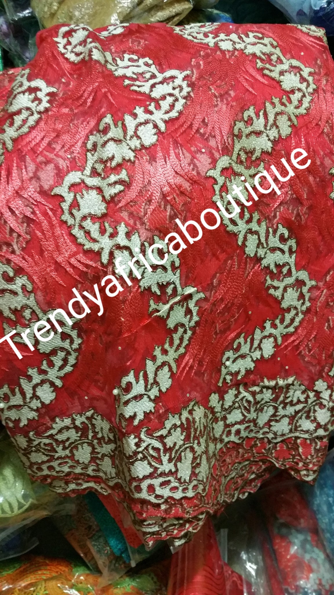 Beautiful Red/beige french lace fabric for making African/traditional native dresses for party. Sold per 5yds. Price is for 5yds.
