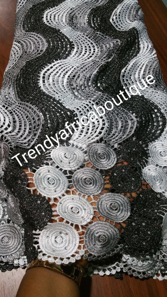 Black/white Cord-lace fabric. African gupuire lace fabric for party dress. Top quality soft  lace sold by 5yds