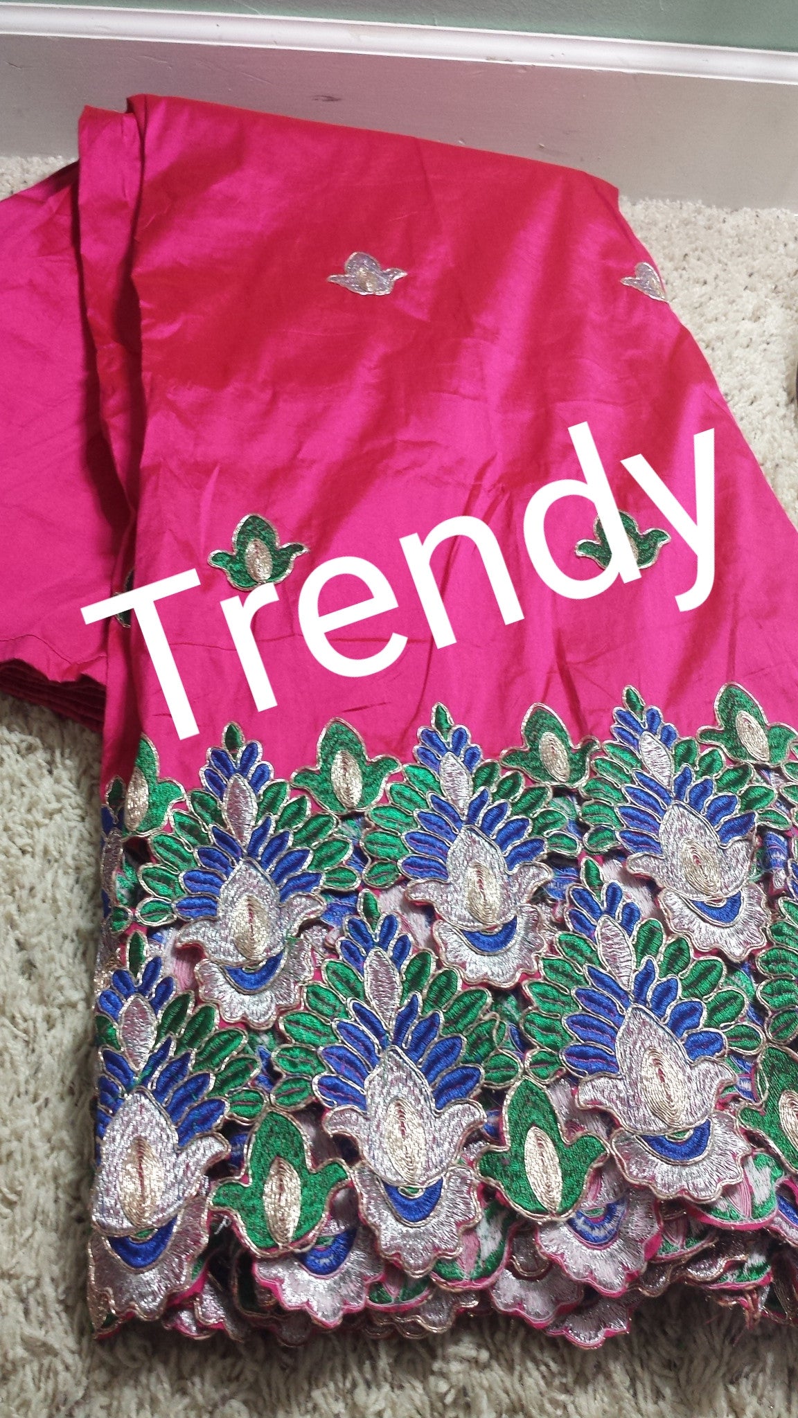 Fuchsia pink Fancy India-George Wrapper with hand cut flower boader. Sold 5 yards lenght