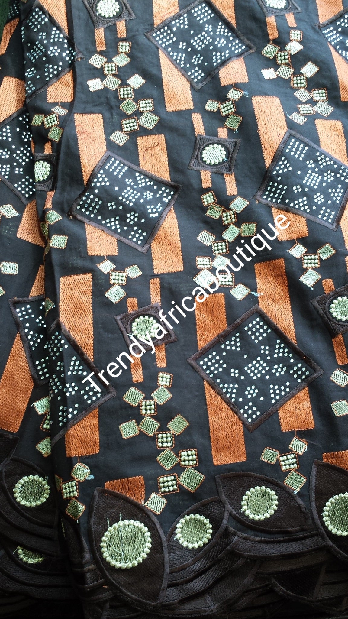 Bonus Sale: Original Quality Big Swiss lace fabric for Nigerian\African Celebrants. Chocolate brown/Orange with all over crystal stones. Coffee brown lace. Sold with orange gele (headtie)