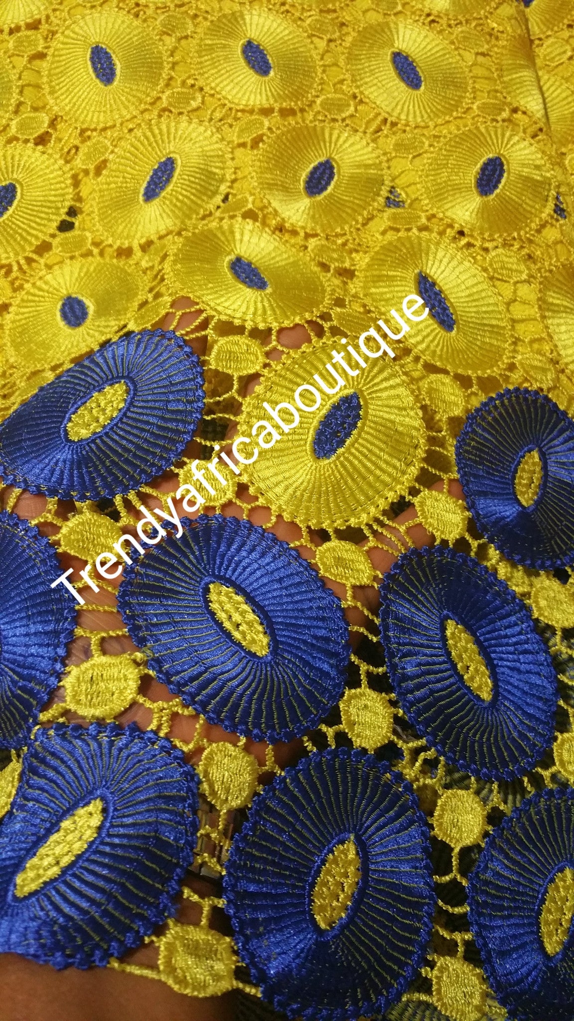 Clearance: Yellow/royal blue Cord-lace fabric. Soft Quality African/swiss lace. Sold per 5yds.