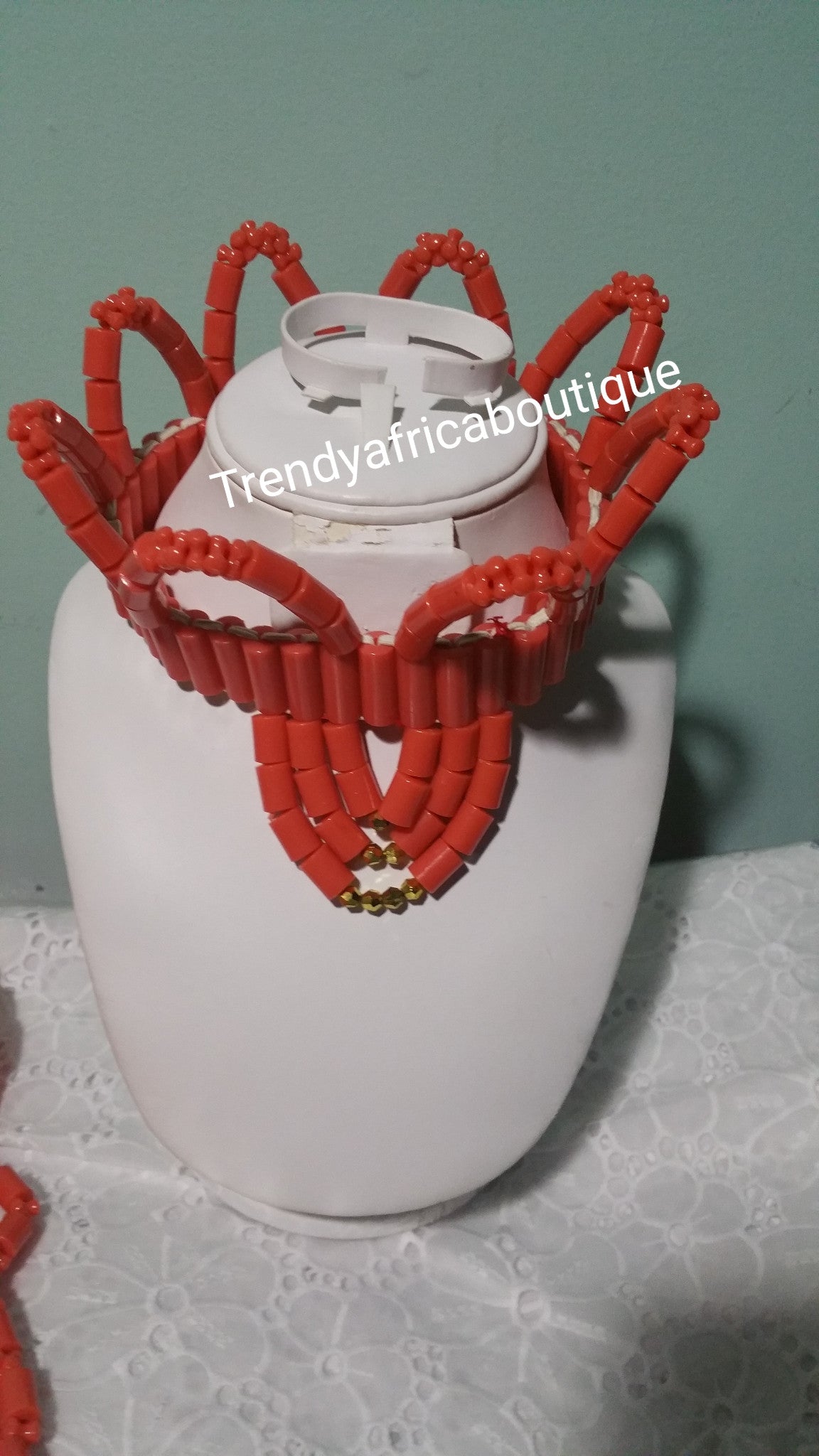 Nigerian Traditional wedding Coral Beads. 2 pcs Little Bride beaded head piece and shawl. Traditional Coral Beaded necklace set