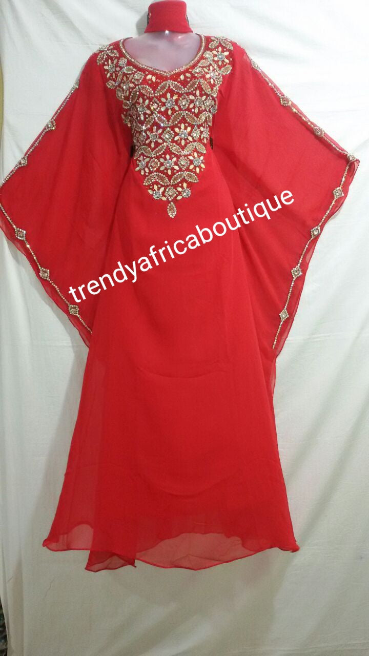 Red African Kaftan/Bubu, 60" long free flowing Kaftan party dress. Front dazzling Crystal gold/sliver stones