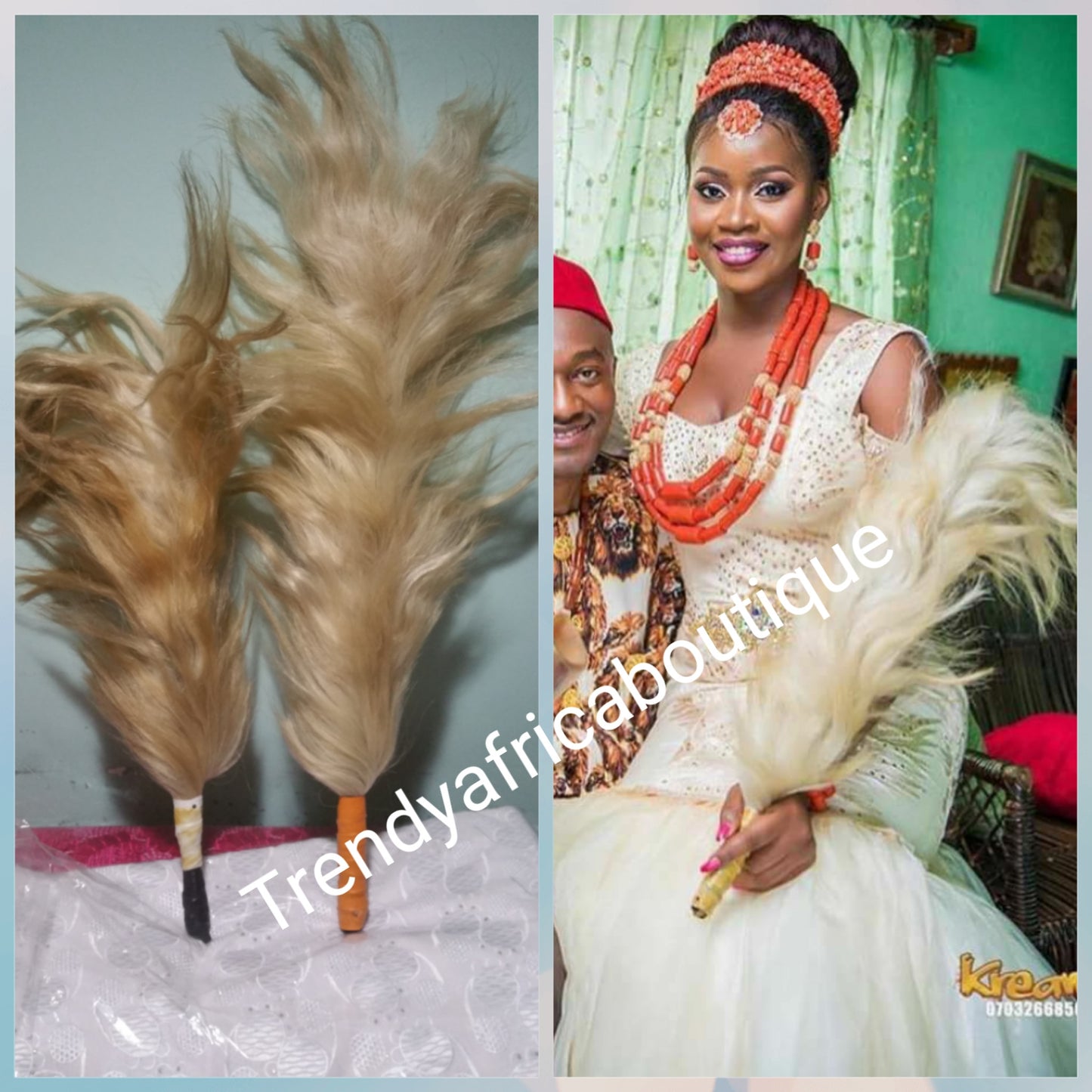 Traditional wedding accessories for Igbo/Edo Bride. Beige horse tail long and small size. For ceremonier use in Nigeria