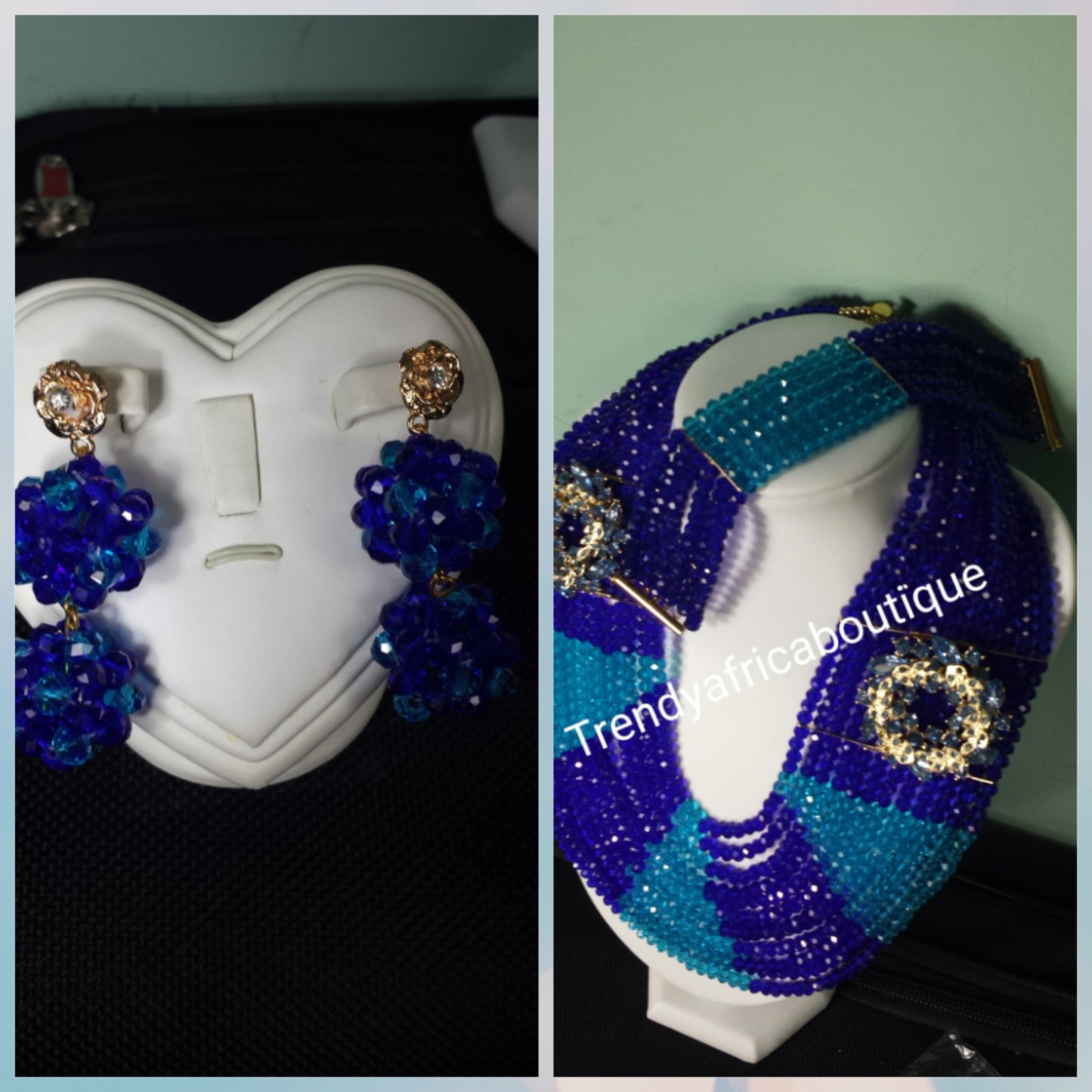 Angebot: Mehrreihiges Halsketten-/Schmuckset aus königsblauen/türkisen Perlen. Nigerianische Hochzeitsperlen im 3-teiligen Set. Habe auch ein Korallen-Halsketten-Set