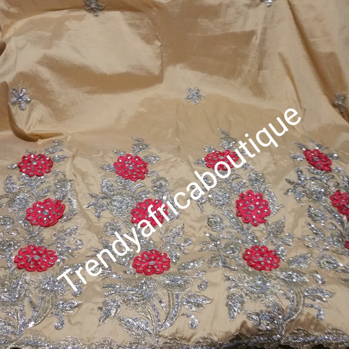 Nigerian Tranditional George wrapper. Embriodery/stones design in Champagne/coral red matching blouse. Small-George.