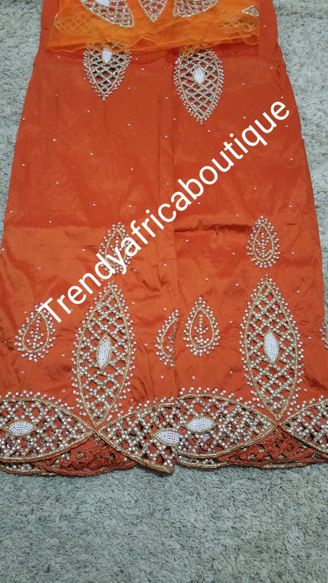 Clearance sale: Burnt Orange VIP/Celebrant Silk George wrapper with matching blouse. Tradional Igbo Bride George wrapper.