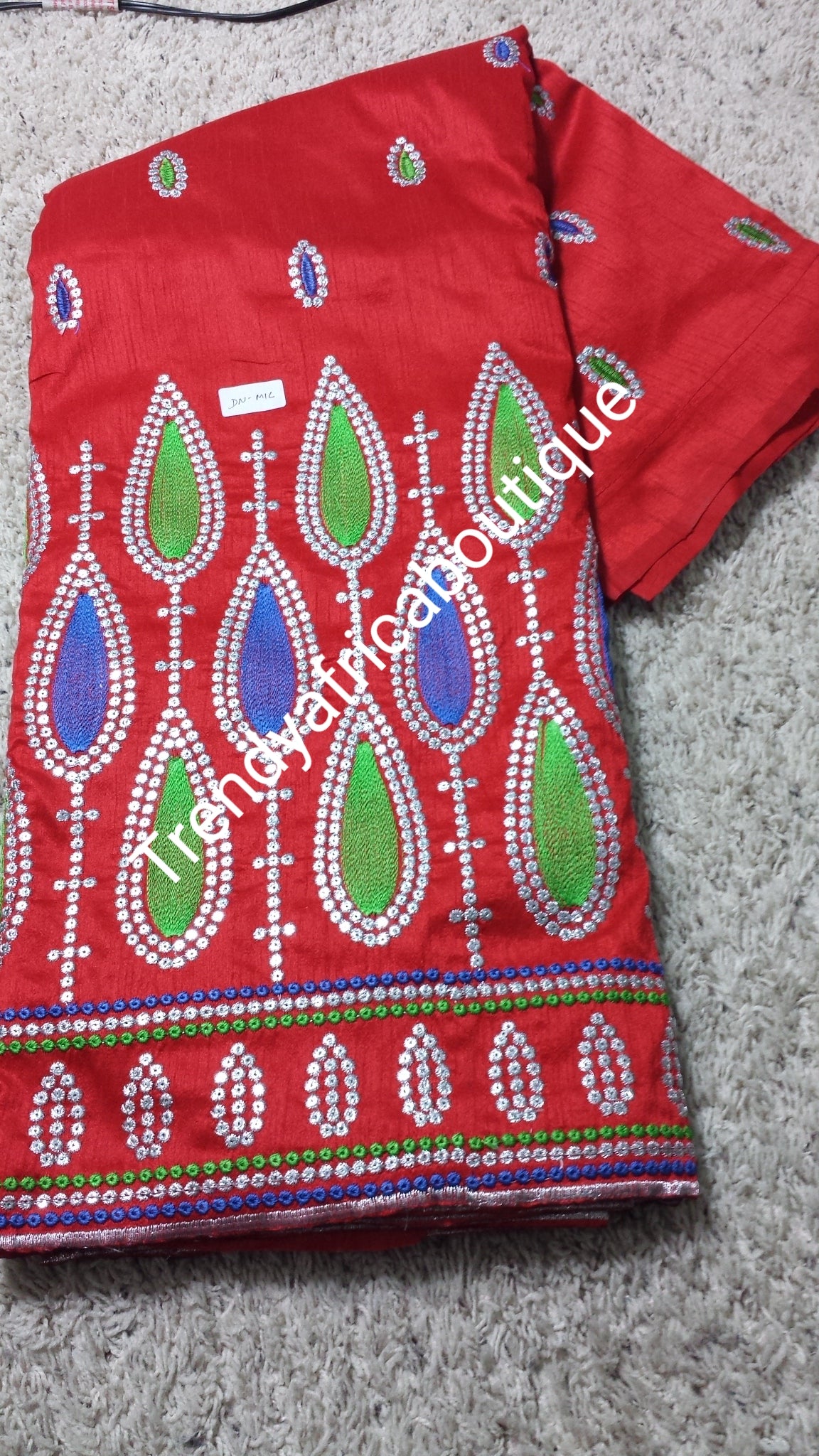 Fine quality Red embriodery premium silk George. Indian-George embrofered with green and royal blue. Igbo/delta George is 5yds