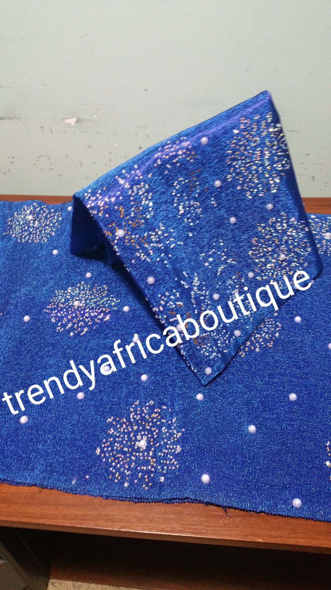 Nigerian traditional Aso-oke bead dazzled Gele/Ipele in Royal blue color.gele head wrap