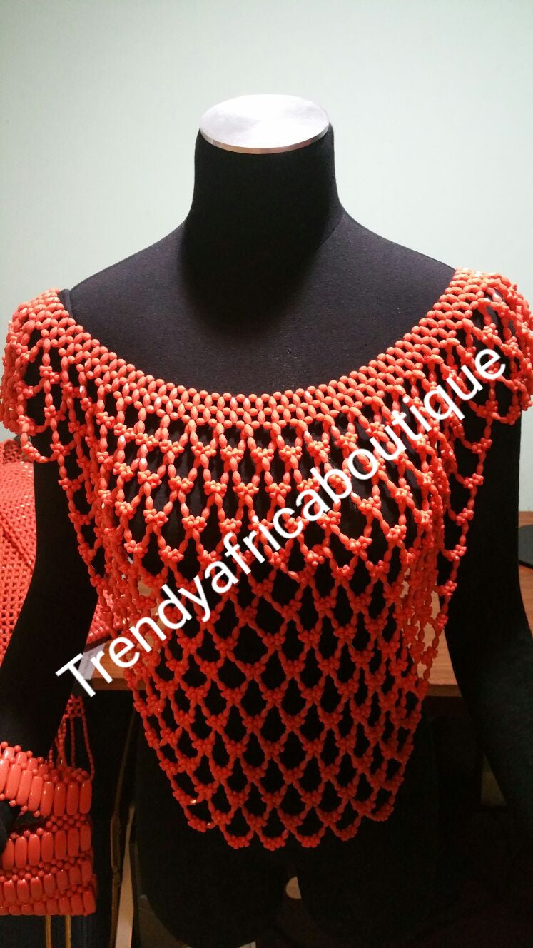 Edo/Igbo Nigerian traditional Bridal Coral bead shawl/blouse for traditional wedding. Bridal accessories for ceremoney. Coral-necklace Shawl.