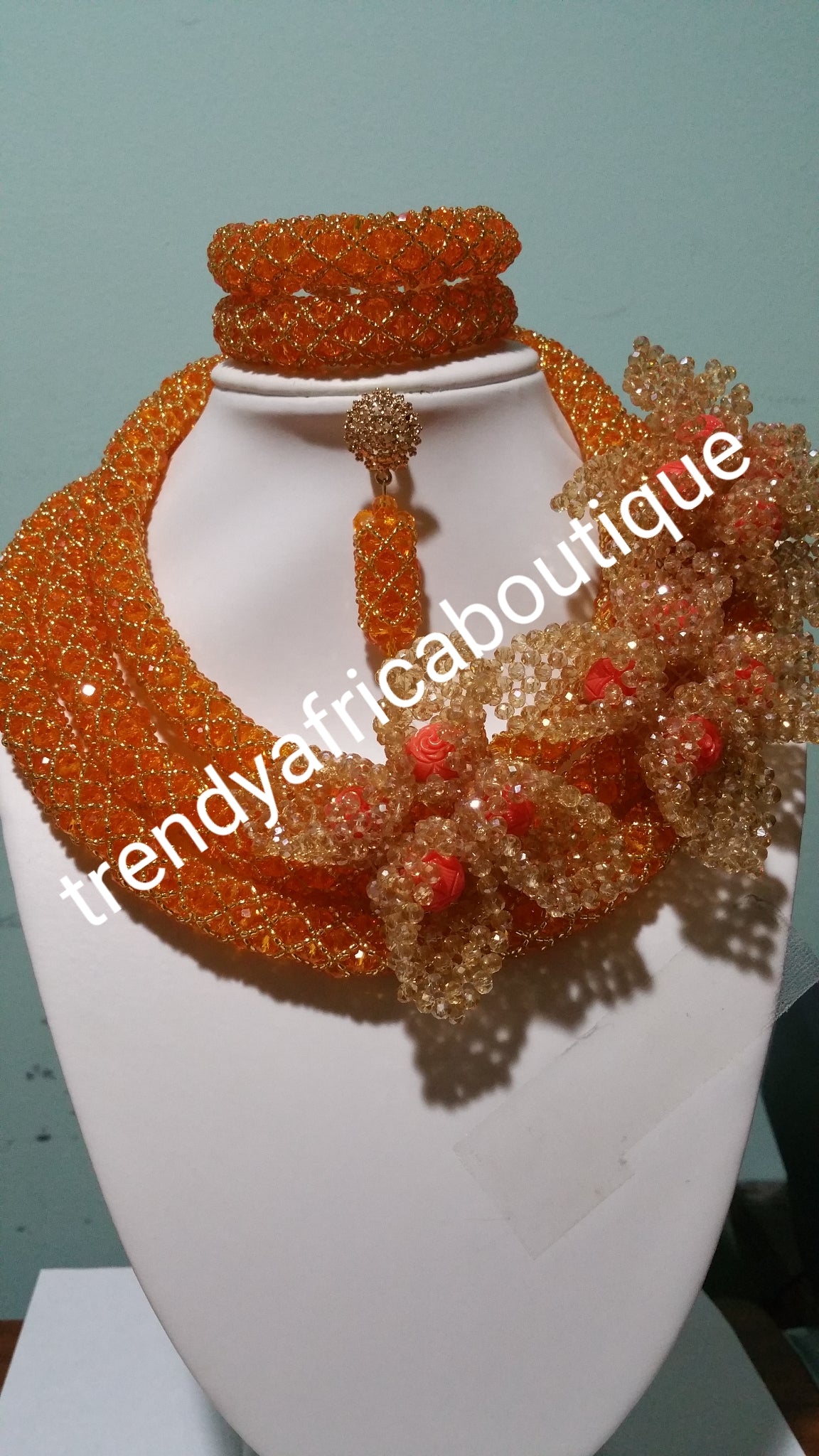 Sale sale: Orange Hand Beaded-necklace set. Nigerian party Coral-necklace set with side flower broach