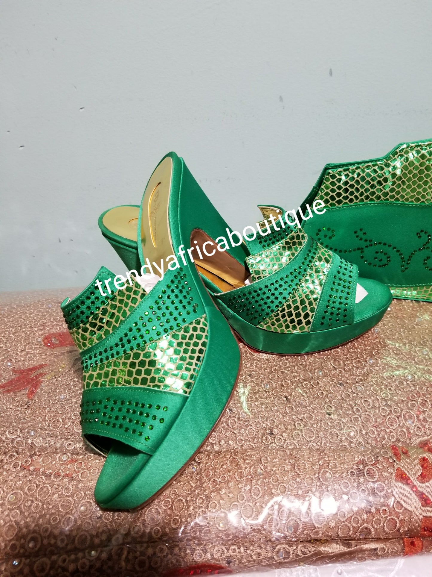 SALE SALE: Italian made platform slipper/purse set in beautiful Green. Embellised with crystal stones available in size 38 and 40 only.