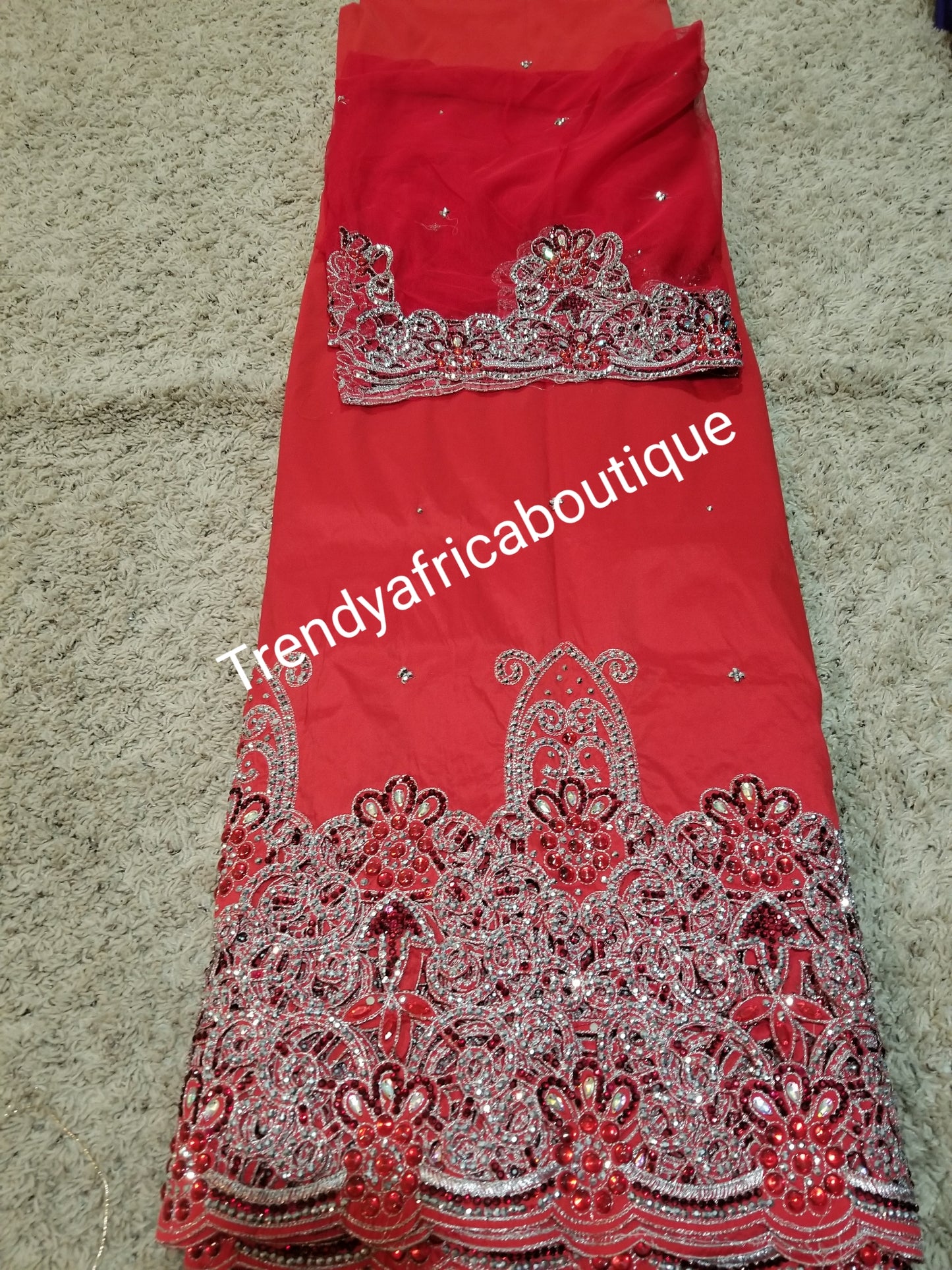 CLEARANCE: Red Hand Stoned Silk George wrapper & matching net blouse. Original quality.5yds wrapper + 1.8yds blouse