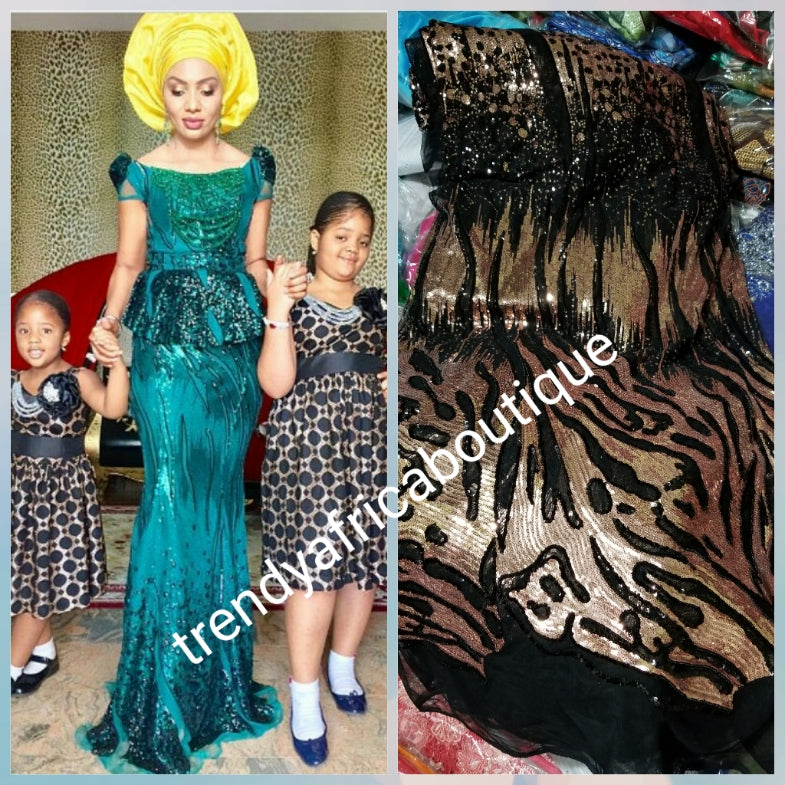 Clearance: Latest French lace fabric in black/turquoise blue sequence. Sold per 5yds, price is for 5yds. African dress fabric