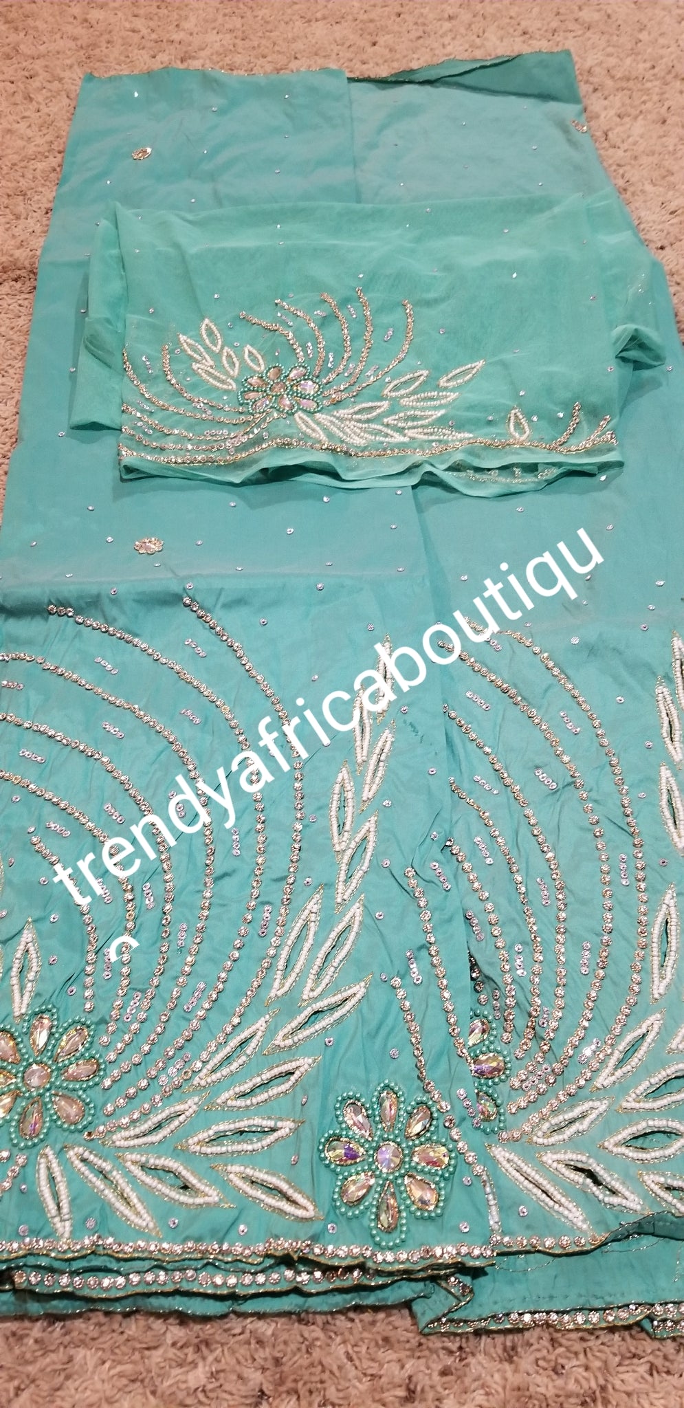 Sale: Mint Green VIP hand stoned beaded and stoned George Wrapper and matching net blouse. Sold as a set, price is for set.