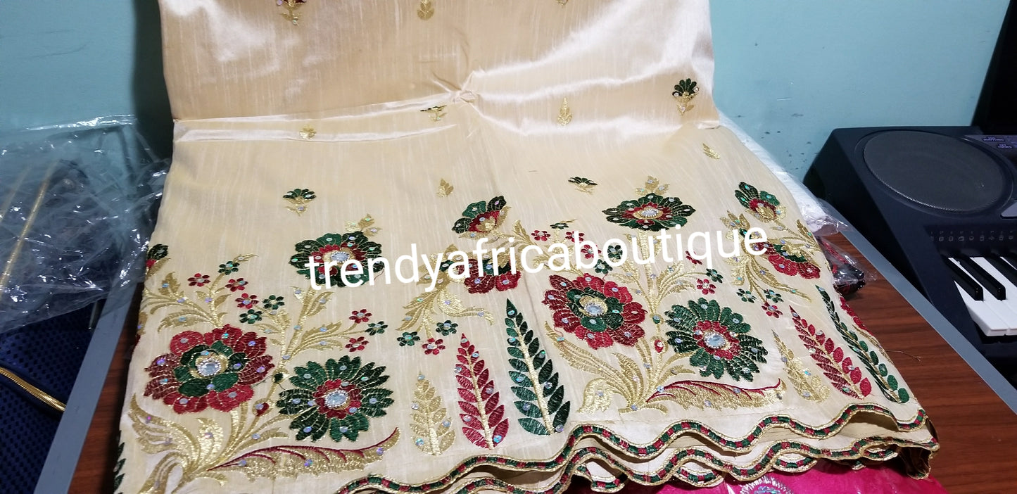 Clearance item: Premium Taffeta Silk George wrapper. Sold in 5yds. Nigerian embroidery silk George with beads and stones. Bone color Indian-George . Sold 5yds