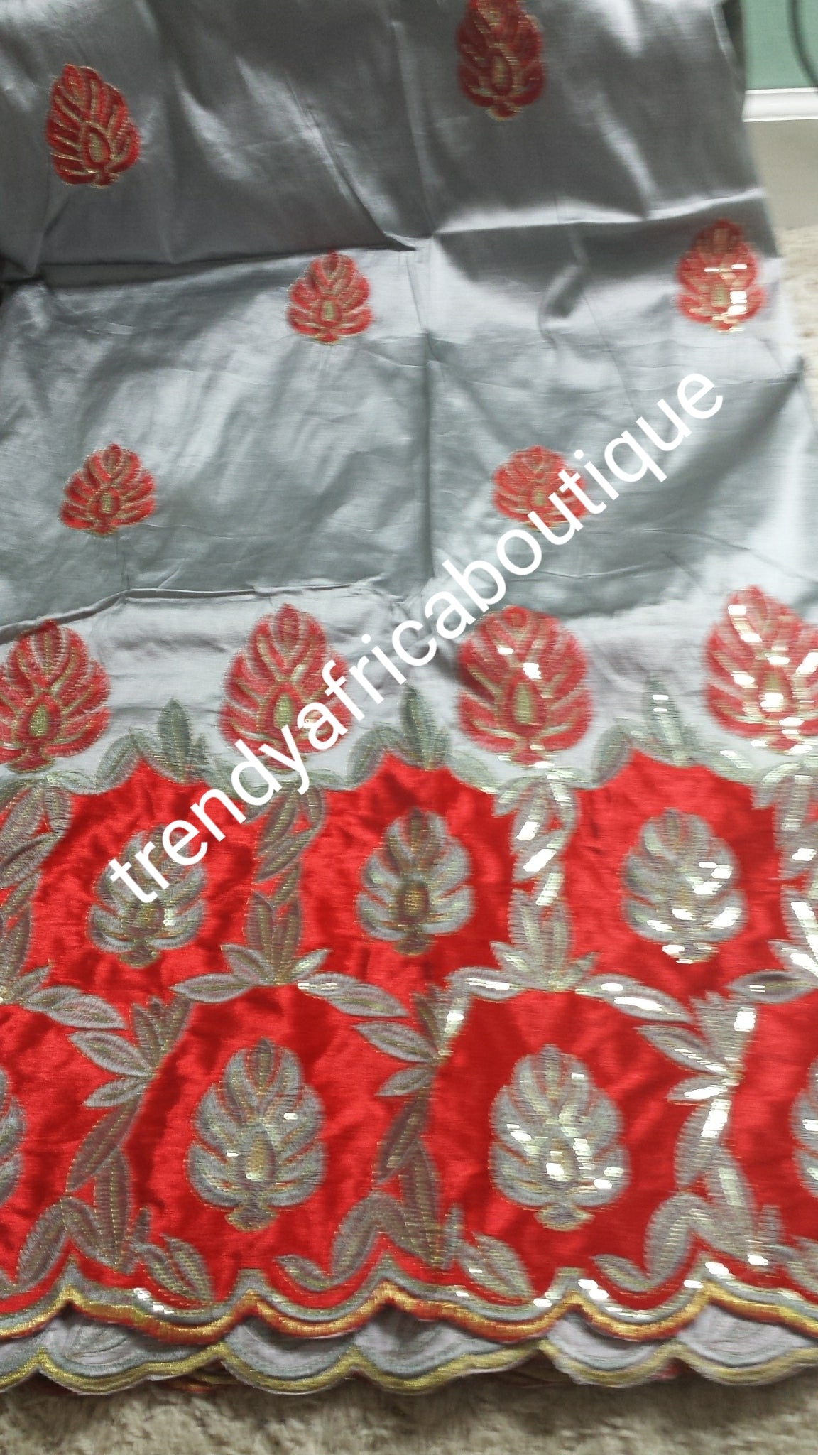Ash/red color taffeta+ velvet silk George with Red Embroidery. Quality india silk George wrapper. Small-George. IGBO Traditional George fabric. Original quality silk/sequence with velvet design border Sold as 5yards lenght.