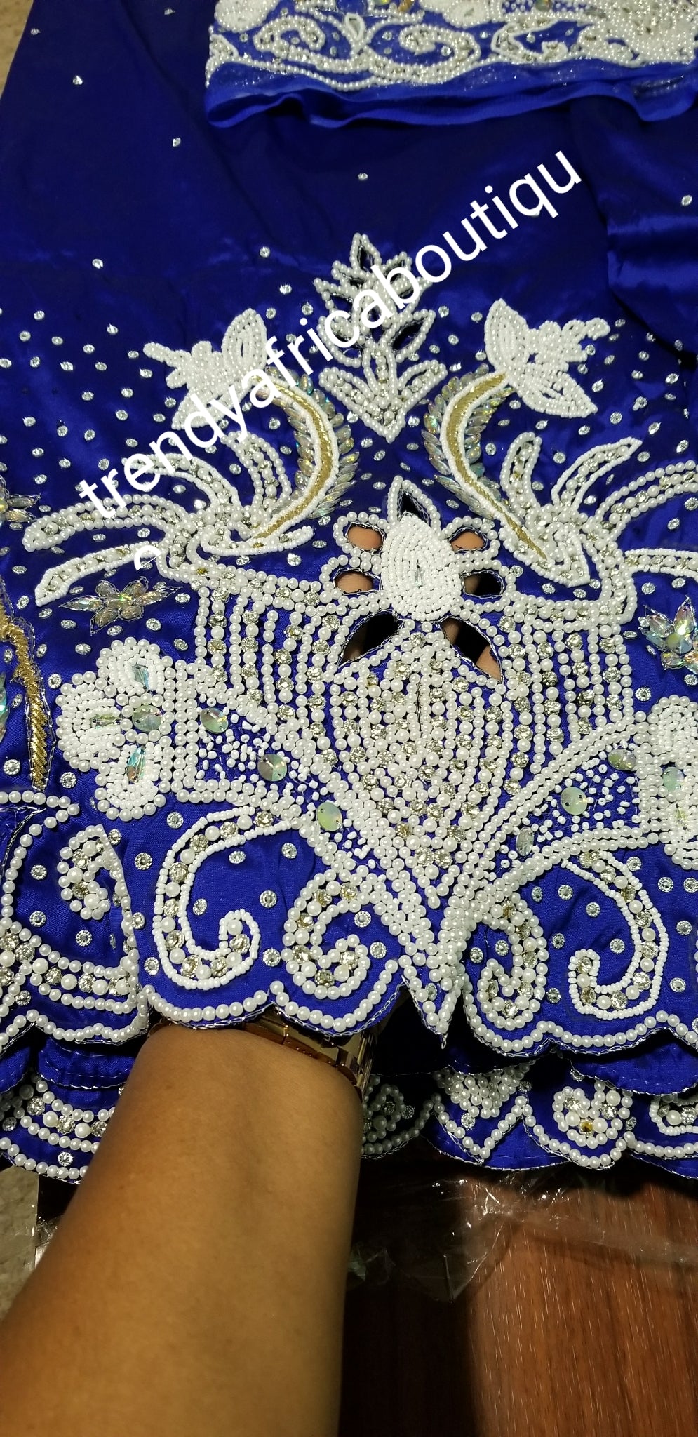 Nigerian Tradional Wedding VIP Hand stoned and beaded Silk George Wrapper. Royalblue color. Wrapper and matching blouse sold together
