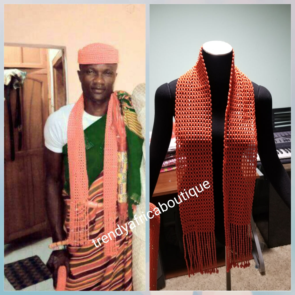 Back in stock: Nigerian Men Traditional wedding coral beaded cap and neck shawl for Edo/Igbo/Delta Groom. Special African wedding Accessories for men.sold together cap + shawl. We Also have beaded-necklace