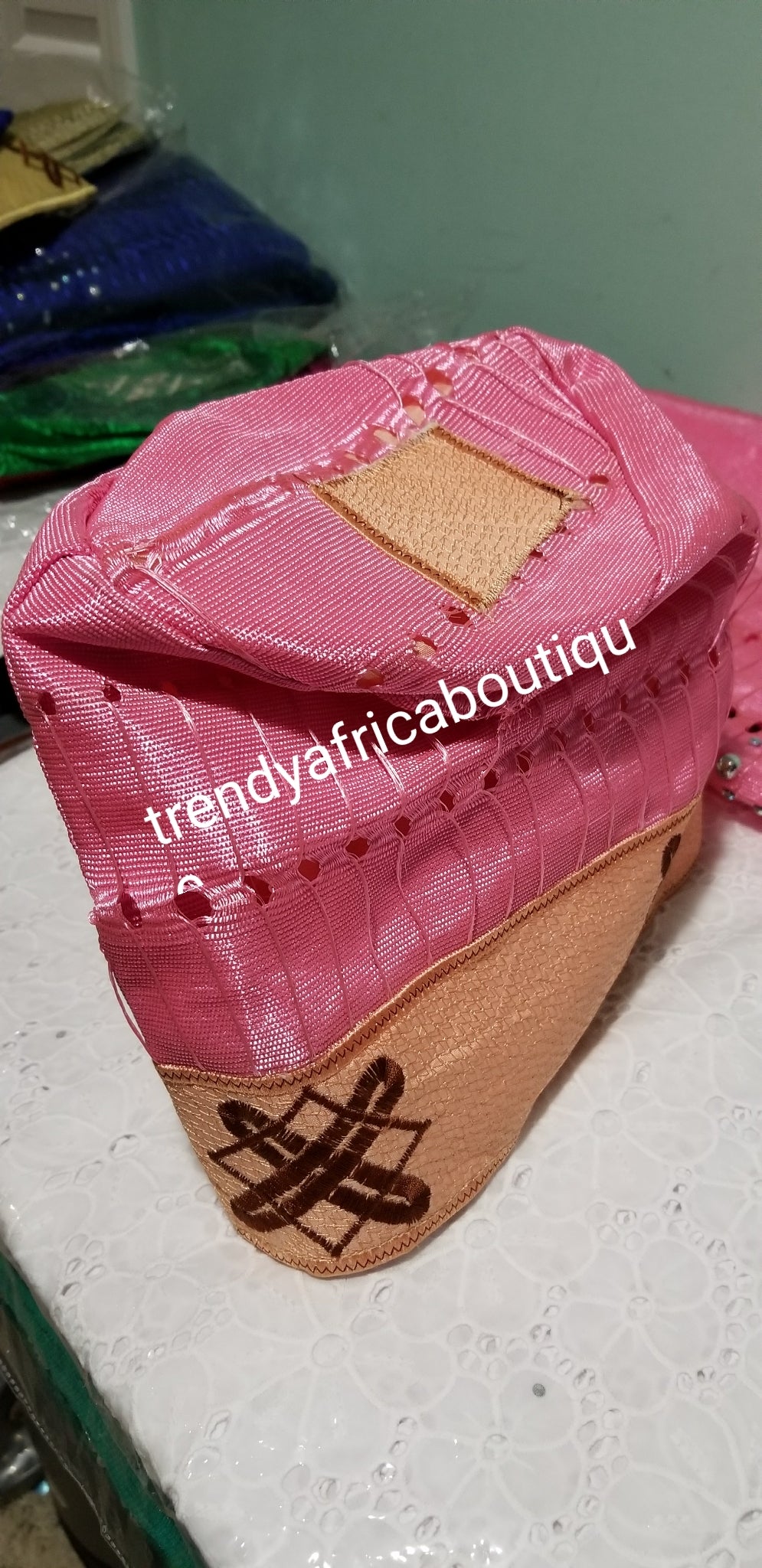 New arrival Nigerian men-cap for Agbada native wear. Embroidered Aso-oke cap in pink color size 22 inch