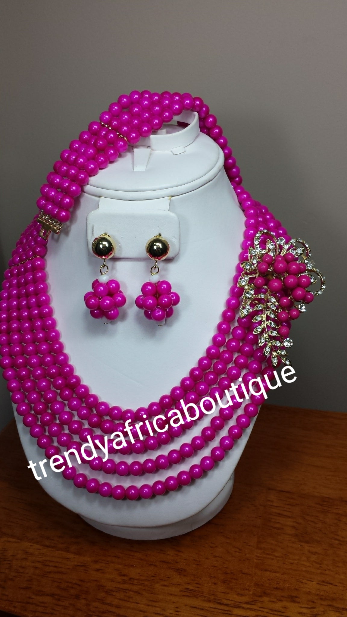 Clearance sale: hot pink multi rows beaded necklace set with side broach sold as a set. 3pcs set.beaded-necklace, coral-necklace
