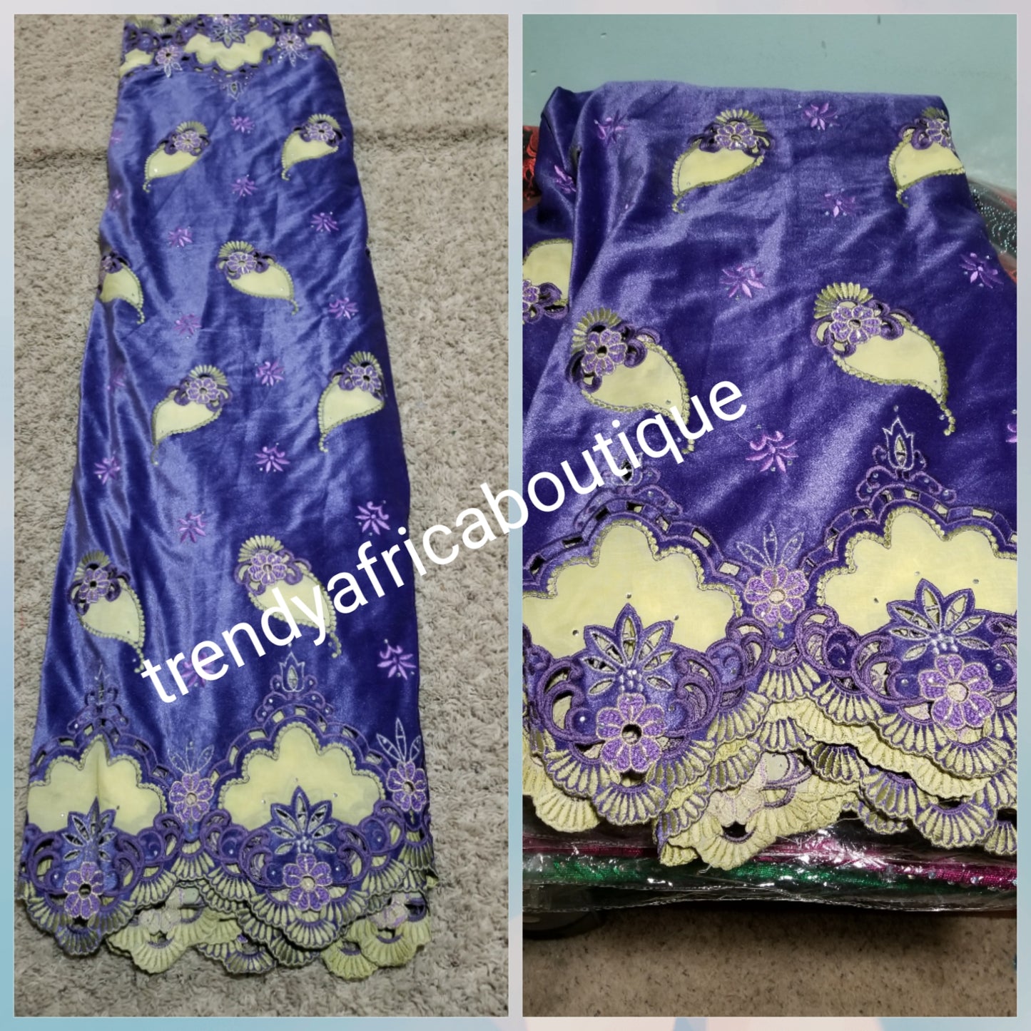 Sale: Classic Purple Velvet lace wrapper for Nigerian Traditional wedding/ceremonies. Hand cut and stones, beautiful border design with quality embriodery work. Sold per 5yds each
