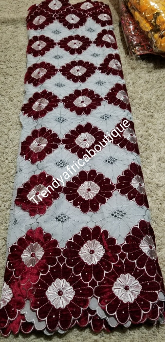 Clearance item. VELVET lace wrapper in Gray/wine velvet embellishments. Classic design for that special occasion. Sold per 5yds/price is for 5yds.