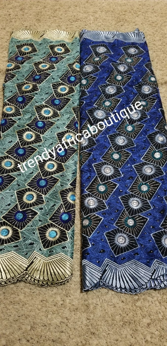 clearance: Royalblue/black/white Quality Swiss Lace fabric embellished with dazzling Crystal stones. Sold pet 5 yards. Soft Luxury quality