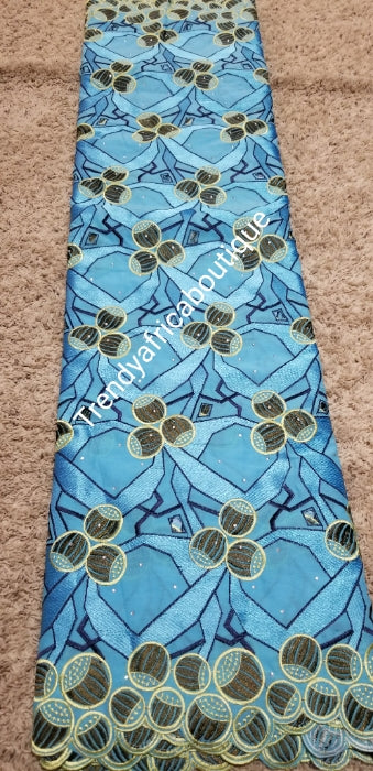 Special Sale: Quality African Swiss Lace Fabric for Nigerian party dress. Sold per 5yards. Original quality lace fabric. Turquoise blue/cream embroidered Swiss lace