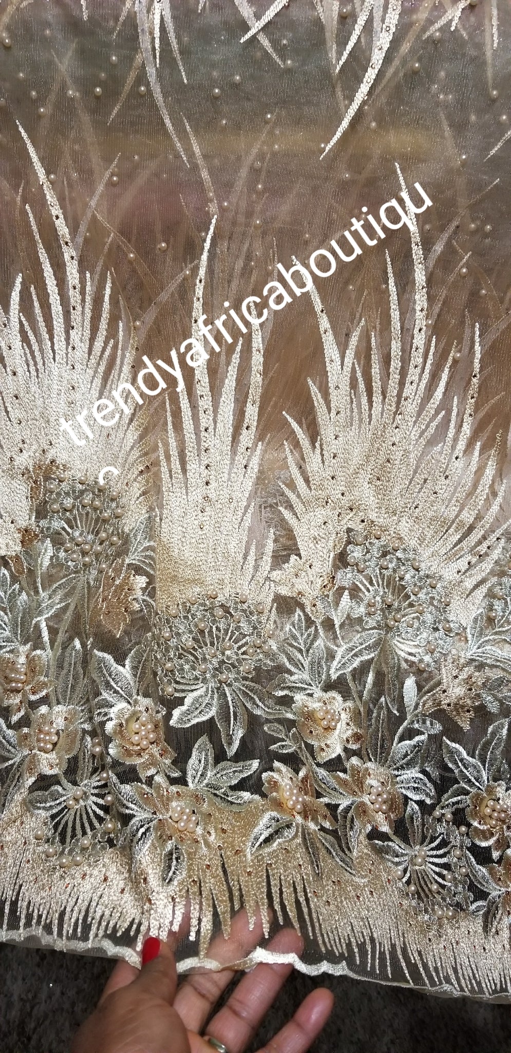 High Quality Champagne Gold beaded net French lace fabric for making evening party dresses. African french lace sold as 5 yards lenght and price is for 5yards