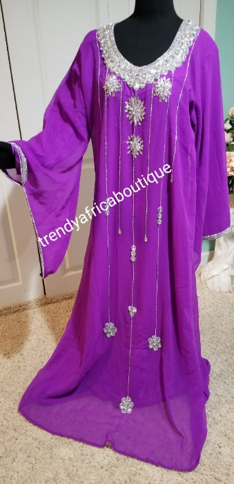 Clearance: Purple long free flowimg Kaftan dress embellished with silver dazzling Crystal stones. Size Large- fit size 46" Burst. The inner dress comes with a belt for fit adjustment