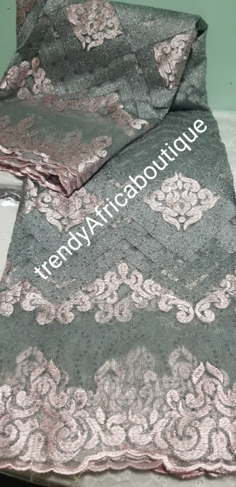 Gray/light Pink African French lace fabric. Sold per 5yds. Price is for 5yds. Beautiful embroidered sequence lace.