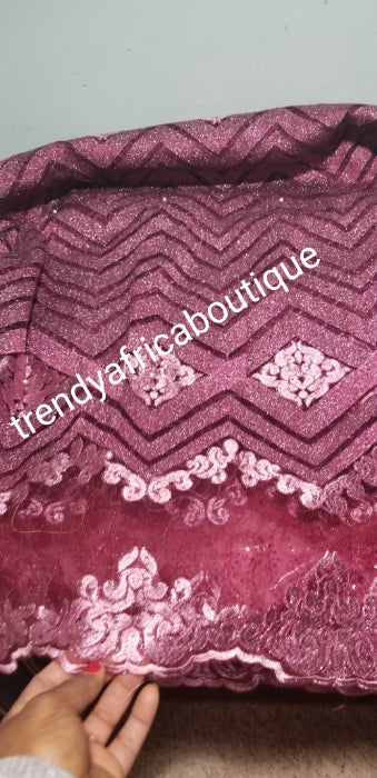 Clearance: Wine color African Embriodery sequence French lace fabric. Sold per 5yds. Soft great texture for making African party wear