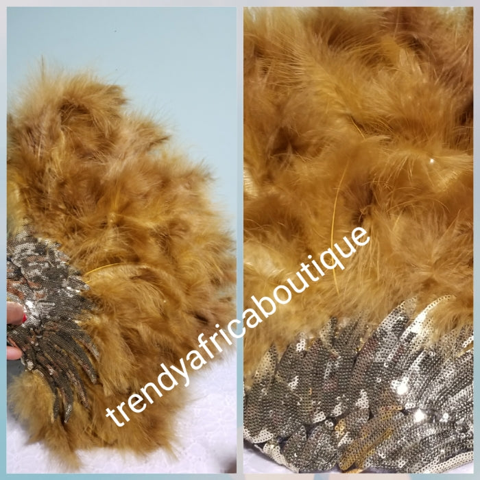 Latest Gold Feather hand fan. Nigerian Traditional wedding accessories for celebrant. Beaddazzled with sequence handle