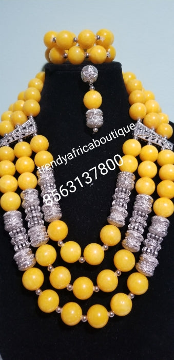 3 row original Coral-necklace set in yellow and silver accessories. Nigerian Celebrant beaded necklace/bracelet/earrings set. Nigerian Traditional wedding beads