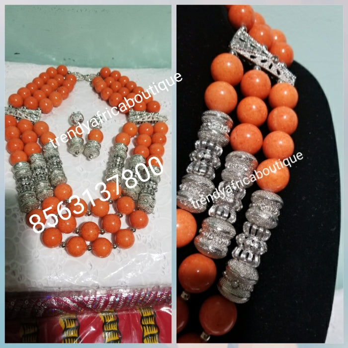 Make to order. 3pcs Edo Coral-necklace set with silver accessories. Original Nigerian coral beads for Nigerian Traditional Ceremonies. 3 row necklace/earrins/bracelet sold as a set. Allow 3-6 weeks to receive order