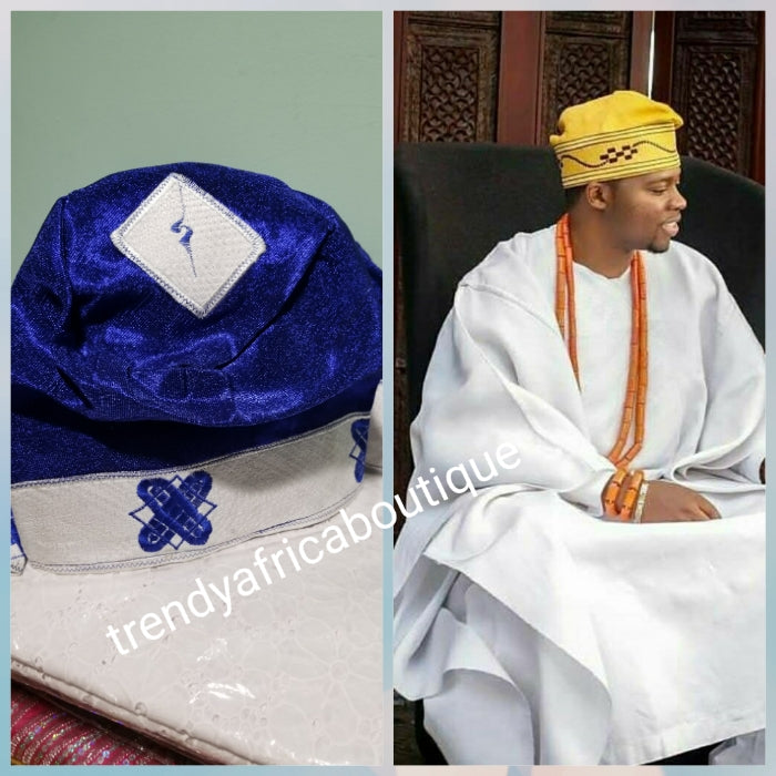 Royal blue embriodery Aso-oke men-cap for Native Nigerian