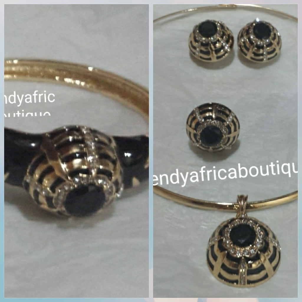 5pcs. Choker set. Omega necklace set in 18k electroplated costume jewelery set with black stones. Bangle/ring/earrings/pendant necklace and Omega chain