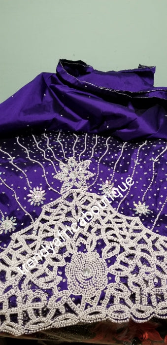 New arrival purple Hand stoned Silk George Wrapper. Classic design in sweet purple color for Nigerian/Igbo traditional wedding. African Bride
